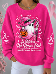 Women's In October We Wear Pink Halloween Pink Ghost Print Breast Cancer Awareness Support Sweatshirt