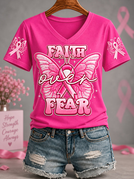 Women's Pink Ribbon Faith Over Fear Butterfly Print Breast Cancer Awareness Support V-Neck