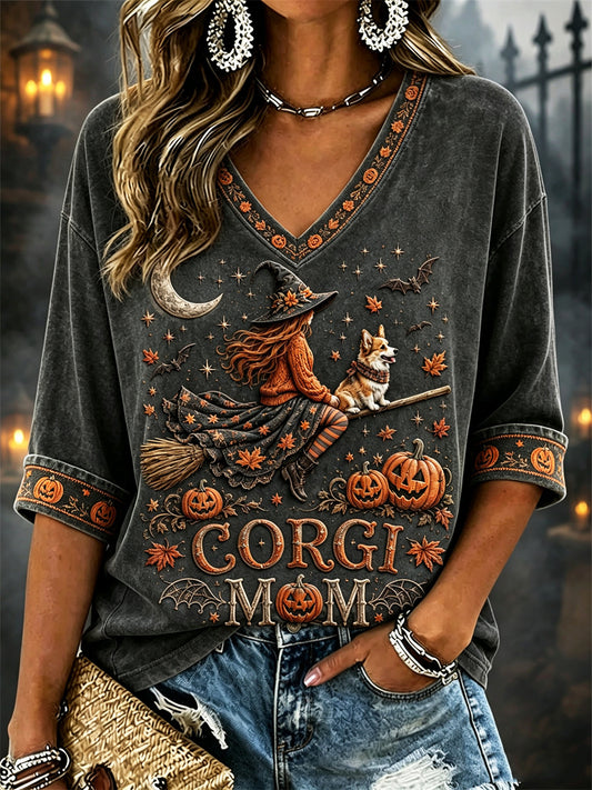 Women's Corgi Mom Fall Halloween Witch & Dog Print Mid-length Sleeves V-Neck T-Shirt