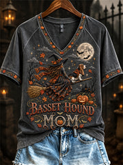 Women's Halloween Fall Basset Hound Mom Witch & Dog Print short-sleeved T-shirt