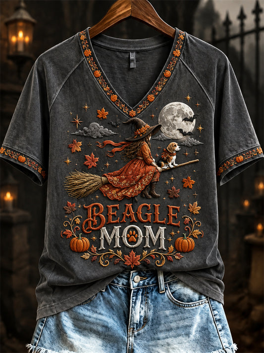 Women's Halloween Fall Beagle Mom Witch & Dog Print short-sleeved T-shirt