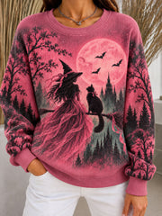 Women's Halloween Breast Cancer Awareness Ribbed Round-Neck Sweatshirt