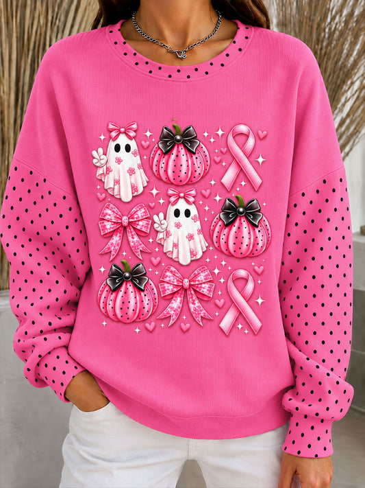 Women's Halloween Pink Ribbon Ribbed Round-Neck Sweatshirt