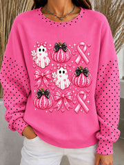 Women's Halloween Pink Ribbon Ribbed Round-Neck Sweatshirt