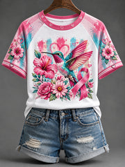 Women's Floral Hummingbird Breast Cancer Awareness Print Short-sleeved T-shirt