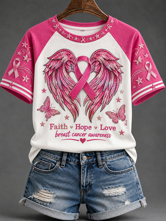 Women's Faith Hope Love Breast Cancer Awareness Pink Wings Print Short-sleeved T-shirt