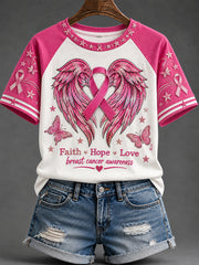 Women's Faith Hope Love Breast Cancer Awareness Pink Wings Print Short-sleeved T-shirt