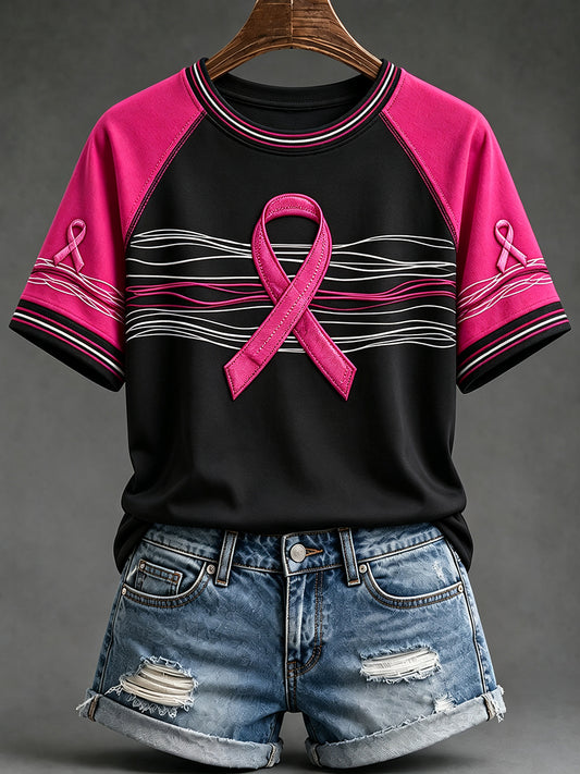 Women's Breast Cancer Awareness Pink Ribbon Print Short-sleeved T-shirt