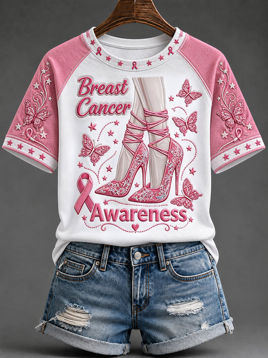 Women's Pink Ribbon Butterfly Boots Print Short-sleeved T-shirt