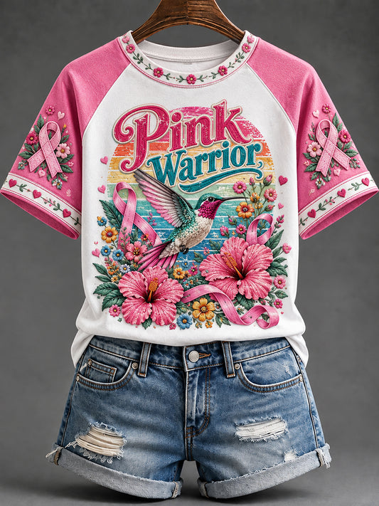 Women's Pink Warrior Breast Cancer Awareness Print Short-sleeved T-shirt