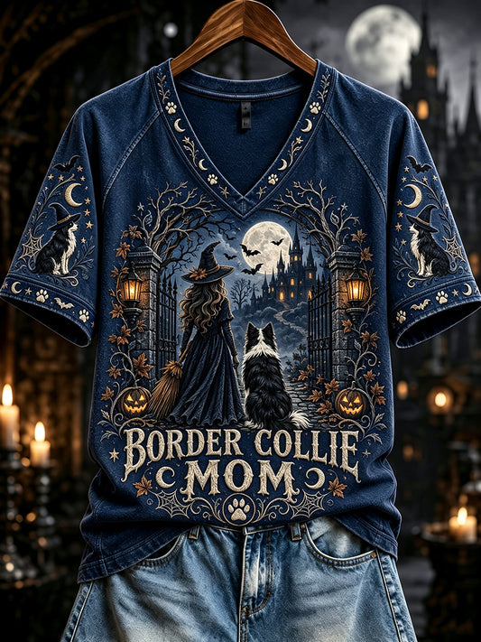 Women's Vintage Halloween Border Collie Witch Mom Print Short Sleeve T-Shirt