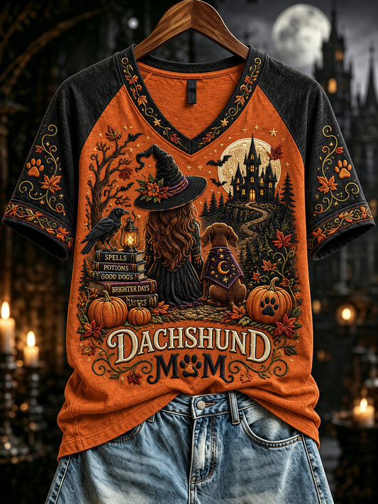 Women's Fall Halloween Dachshund Witch Mom Print Short Sleeve T-Shirt