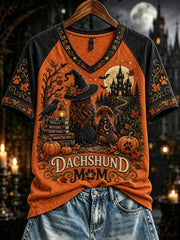 Women's Fall Halloween Dachshund Witch Mom Print Short Sleeve T-Shirt