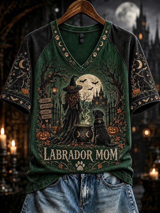 Women's Vintage Halloween Labrador Witch Mom Print Short Sleeve T-Shirt