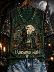 Women's Vintage Halloween Labrador Witch Mom Print Short Sleeve T-Shirt