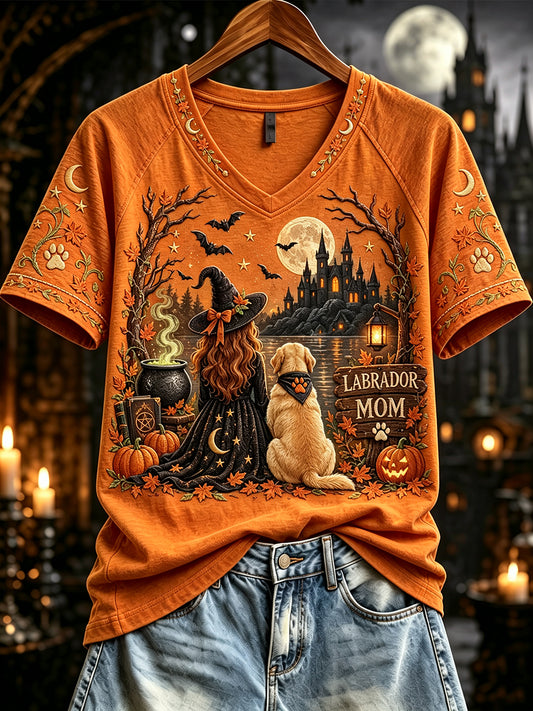 Women's Fall Halloween Labrador Witch Mom Print Short Sleeve T-Shirt