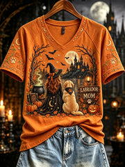 Women's Fall Halloween Labrador Witch Mom Print Short Sleeve T-Shirt