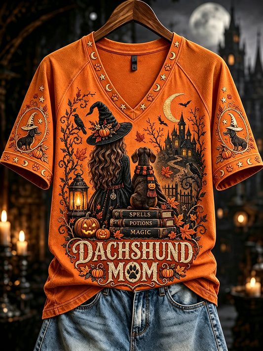 Women's Fall Halloween Dachshund Witch Mom Print Short Sleeve T-Shirt