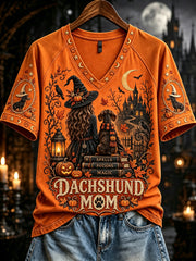 Women's Fall Halloween Dachshund Witch Mom Print Short Sleeve T-Shirt