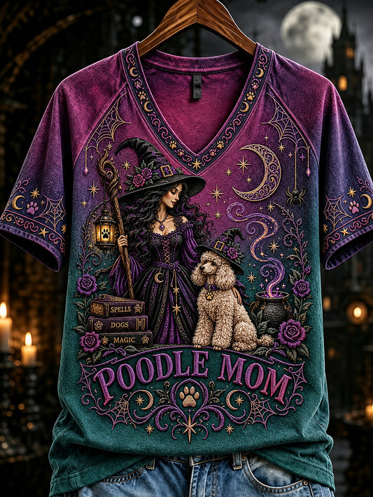 Women's Vintage Halloween Poodle Witch Mom Print Short Sleeve T-Shirt