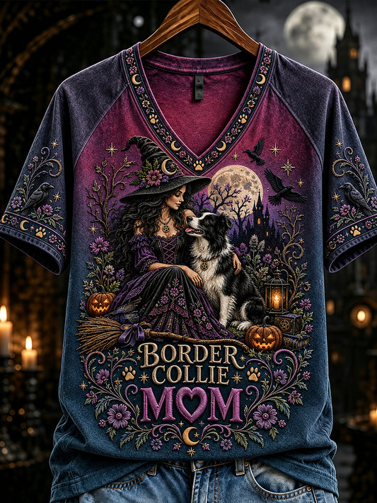 Women's Vintage Halloween Border Collie Witch Mom Print Short Sleeve T-Shirt