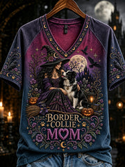 Women's Vintage Halloween Border Collie Witch Mom Print Short Sleeve T-Shirt