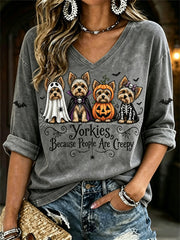 Women's Yorkies Because People Are Creepy Halloween Dogs Print Mid-length Sleeves V-Neck T-Shirt