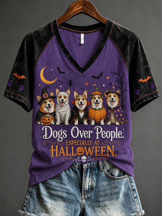 Women's Halloween Fun Dog Pattern Casual Short Sleeve T-Shirt