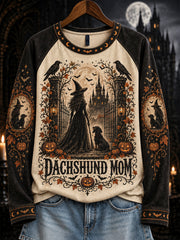 Women's Halloween Witch and Dog Pattern Leisure Long Sleeve T-Shirt