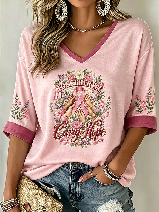 Women's pink anti-cancer pattern printed casual mid-length sleeves V-neck T-shirt