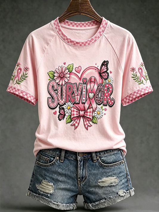 Women's pink anti-cancer pattern printed casual short sleeve T-shirt
