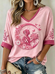 Women's pink anti-cancer pattern printed casual mid-length sleeves V-neck T-shirt