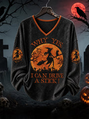 Women's Funny Halloween Witch Why Yes, I Can Drive A Stick! Print Casual V-Neck Long-Sleeve T-Shirt