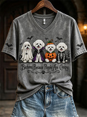 Women's Bichons Because People Are Creepy Halloween Dogs Print short-sleeved T-shirt