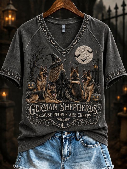 Women's German Shepherds Because People Are Creepy Halloween Witch & Dogs Print short-sleeved T-shirt