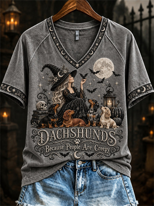 Women's Dachshunds Because People Are Creepy Halloween Witch & Dogs Print short-sleeved T-shirt
