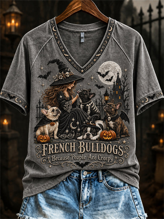 Women's French Bulldogs Because People Are Creepy Halloween Witch & Dogs Print short-sleeved T-shirt