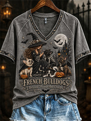 Women's French Bulldogs Because People Are Creepy Halloween Witch & Dogs Print short-sleeved T-shirt