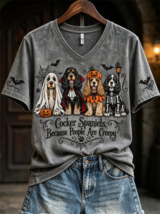 Women's Cocker Spaniels Because People Are Creepy Halloween Dogs Print short-sleeved T-shirt