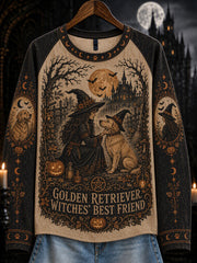 Women's Halloween Witch and Dog Pattern Leisure Long Sleeve T-Shirt