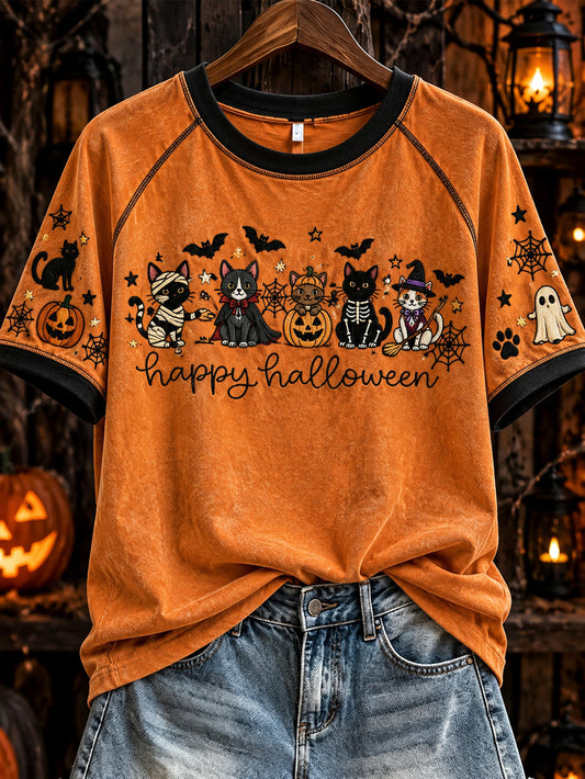 Women's Halloween Fun Cats Pattern Casual Short Sleeve T-Shirt