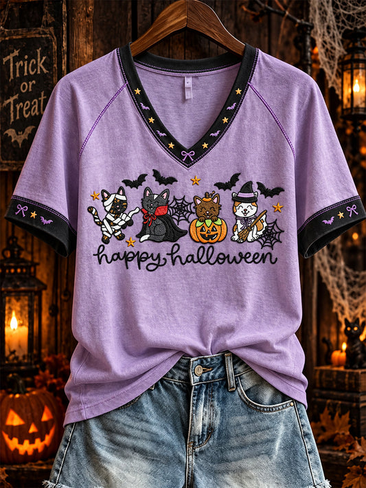 Women's Halloween Fun Cats Pattern Casual Short Sleeve T-Shirt