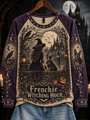 Women's Halloween Witch and Dog Pattern Leisure Long Sleeve T-Shirt