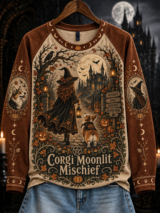 Women's Halloween Witch and Dog Pattern Leisure Long Sleeve T-Shirt