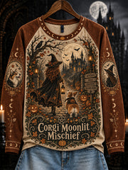 Women's Halloween Witch and Dog Pattern Leisure Long Sleeve T-Shirt