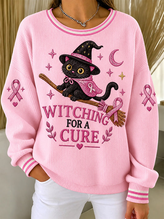 Women's Breast Cancer Awareness Support Print Ribbed Round-Neck Sweatshirt