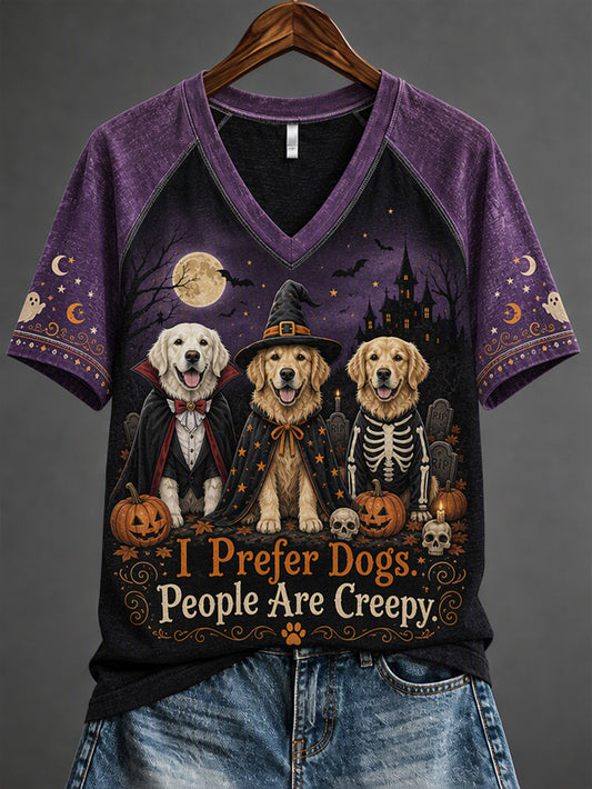 Women's Halloween Fun Dog Pattern Casual Short Sleeve T-Shirt