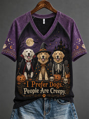 Women's Halloween Fun Dog Pattern Casual Short Sleeve T-Shirt