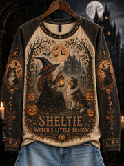 Women's Halloween Witch and Dog Pattern Leisure Long Sleeve T-Shirt