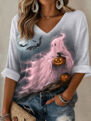 Women's Breast Cancer Awareness Halloween Ghost Print T-Shirt
